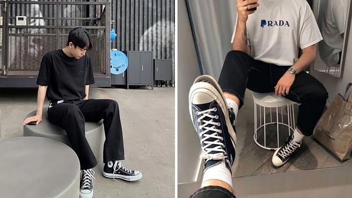 Bí quyết làm outfit thêm phần lịch lãm với quần tây và giày Converse