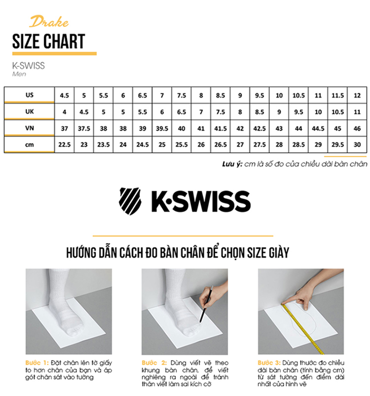 Hướng dẫn cách chọn size giày K-Swiss siêu chuẩn